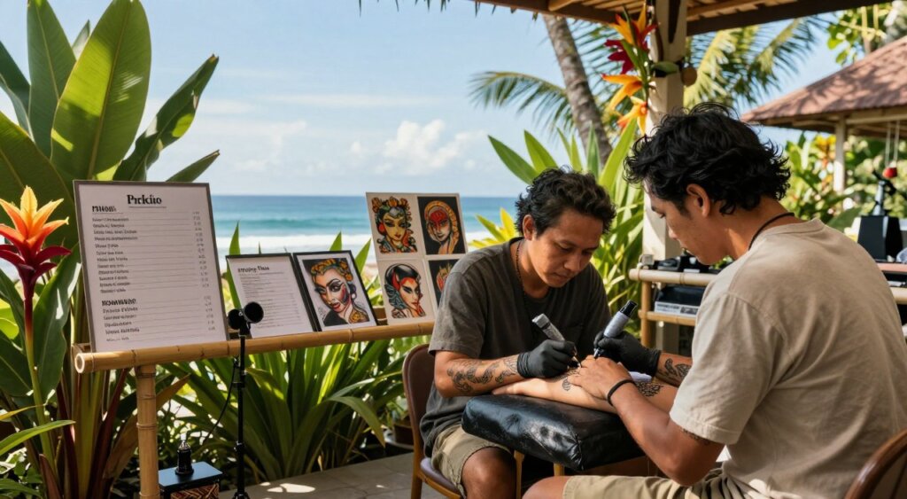 A serene outdoor tattoo studio in Bali, capturing the essence of tattoo pricing factors. In the foreground, a skilled tattoo artist, dressed in casual professional attire, carefully discusses designs with a client, who is also in modest clothing. The middle ground features a display of price lists and tattoo designs on bamboo stands, surrounded by lush tropical plants and vibrant flowers, representing the artistic flair of Bali. In the background, a tranquil ocean view under a clear blue sky adds depth to the scene. Warm, natural lighting casts soft shadows, creating an inviting atmosphere that conveys a sense of professionalism and creativity. The angle captures both the artistry of tattooing and the serene beauty of Bali's landscape.