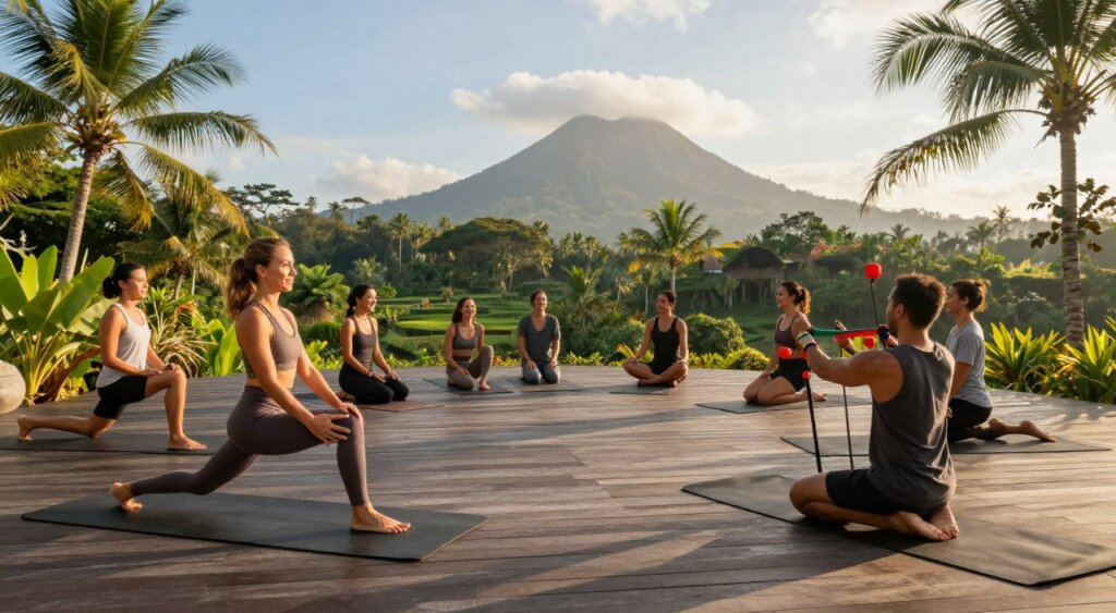 A serene outdoor yoga and fitness training scene set in Bali, featuring a diverse group of individuals engaged in various fitness activities on a sun-drenched wooden deck overlooking lush tropical greenery. In the foreground, a woman in modest athletic wear practices a graceful yoga pose, while a man nearby performs strength training with resistance bands. In the middle ground, a small circle of friends shares a laugh during a group workout session, creating an atmosphere of camaraderie and positivity. The background showcases the iconic Bali landscape, including palm trees, a soft blue sky, and distant volcanic mountains, illuminated by warm, golden sunlight, enhancing the tranquil vibe. Capture the scene using a wide-angle lens to convey depth and immersion, reflecting the uplifting spirit of specialized fitness programs in Bali.