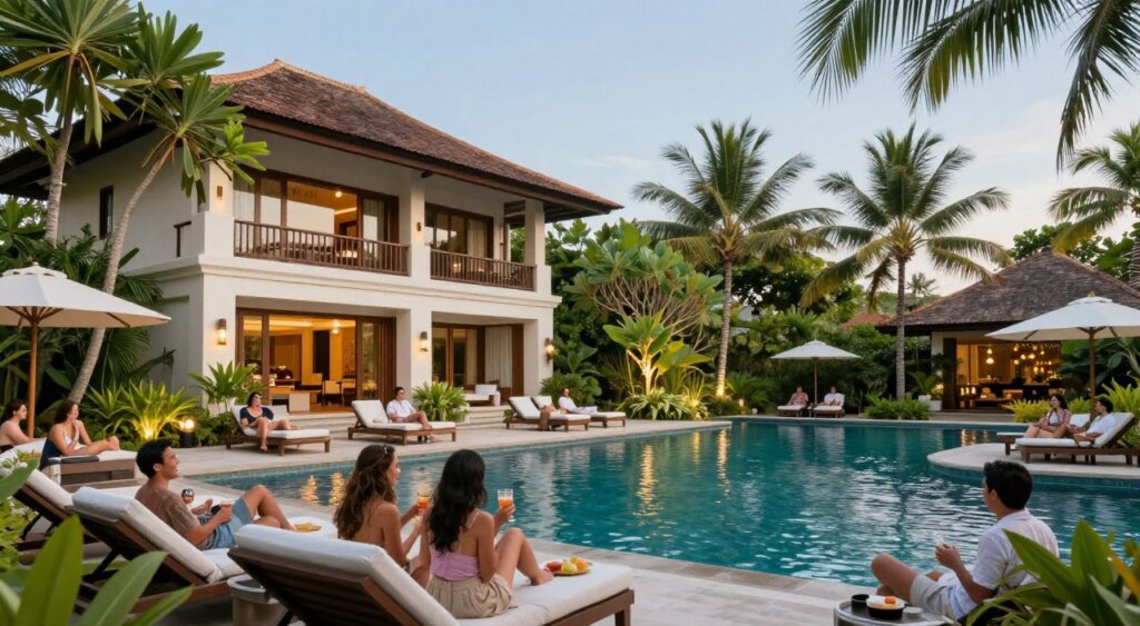 A serene poolside scene at Zia Kuta Bali, showcasing a beautiful modern hotel surrounded by lush tropical gardens. In the foreground, a diverse group of guests in modest casual clothing are enjoying their experience by the pool—laughing, relaxing on sun loungers, and sipping beverages. In the middle ground, the hotel's elegant architecture is highlighted against the vibrant green foliage, with decorative lighting adding warmth to the atmosphere. The background features a clear blue sky and distant palm trees swaying gently in the breeze, enhancing the tropical paradise feel. The image should capture the joy and satisfaction of the guests while emphasizing the luxurious and inviting ambiance of the hotel, using soft, natural lighting to evoke a sense of tranquility and relaxation.