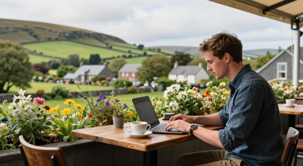 A serene, professional landscape showcasing a digital nomad working on a laptop in an outdoor café in Ireland. In the foreground, a focused individual, dressed in smart casual attire, is seated at a rustic wooden table, typing energetically with a cup of coffee nearby. The middle ground features lush greenery and vibrant flowers, indicative of Ireland's natural beauty. In the background, rolling hills and a charming village are visible under a bright, inviting sky. Soft, natural lighting captures the essence of the scene, giving it a warm and welcoming glow. The atmosphere should evoke a sense of freedom and productivity, reflecting the benefits of being a digital nomad in a picturesque Irish setting.