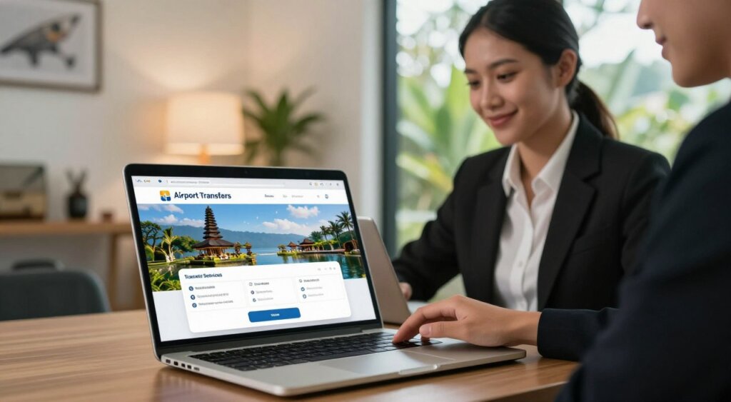 A serene, professional setting showcasing a secure online booking process for airport transfers to Bali. In the foreground, a laptop displays a user-friendly booking interface with vibrant images of Bali’s landscapes and clear options for various transfer services. The middle ground features a confident individual in business attire, attentively using the laptop, with a slight smile indicating satisfaction. The background includes elements like travel-themed decor, soft ambient lighting, and a large window revealing a glimpse of Bali’s lush greenery, evoking a peaceful atmosphere. The scene should be captured with a subtle depth of field, simulating a professional photojournalistic style, creating an inviting and trustworthy environment focused on efficient online travel booking. A serene, professional setting showcasing a secure online booking process for airport transfers to Bali. In the foreground, a laptop displays a user-friendly booking interface with vibrant images of Bali’s landscapes and clear options for various transfer services. The middle ground features a confident individual in business attire, attentively using the laptop, with a slight smile indicating satisfaction. The background includes elements like travel-themed decor, soft ambient lighting, and a large window revealing a glimpse of Bali’s lush greenery, evoking a peaceful atmosphere. The scene should be captured with a subtle depth of field, simulating a professional photojournalistic style, creating an inviting and trustworthy environment focused on efficient online travel booking.