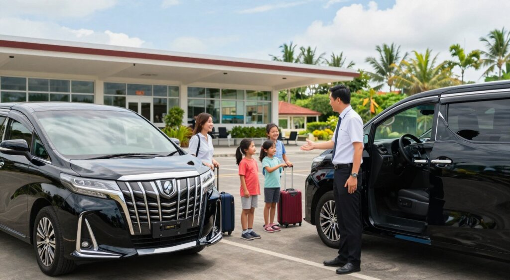 A serene scene at a private airport transfer service in Bali. In the foreground, a professional driver in business attire stands beside a sleek luxury vehicle, ready to assist passengers. In the middle ground, a family with luggage is being warmly greeted by the driver, showcasing efficient and friendly service. The background features a well-maintained private terminal, lush tropical greenery, and a clear blue sky, emphasizing the paradise-like setting of Bali. Soft, natural lighting highlights the scene, with a focus on warmth and trustworthiness. The image conveys a sense of safety, reliability, and professionalism, capturing the essence of an exceptional private transfer experience.