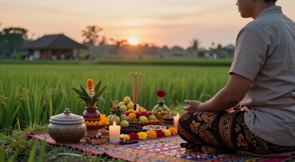 A serene scene capturing the essence of preparing for Siwaratri Day meditation in Bali. In the foreground, a calm individual dressed in modest, traditional Balinese attire, seated cross-legged on a colorful woven mat adorned with flowers and candles. In the middle, an arrangement of ritual items such as incense, fruits, and prayer beads beautifully displayed. The background features lush green rice paddies and a soft sunset sky, casting warm, golden light over the scene. The ambiance is tranquil and introspective, evoking a sense of peace and mindfulness. The composition should be taken with a medium-angle lens, highlighting the details of the preparation while maintaining the natural beauty of the surroundings.