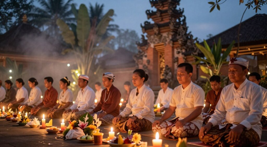 A serene scene capturing the essence of the Siwa Ratri ritual in Bali during dusk. In the foreground, a group of devotees dressed in modest traditional Balinese clothing, peacefully meditating with their closed eyes, surrounded by flickering candles and delicate offerings placed on the ground. The middle ground features lush tropical vegetation, illuminating their figures with soft, warm light. In the background, a majestic temple adorned with intricate carvings is partially shrouded in mist, hinting at the spiritual atmosphere of the night. The camera angle is slightly low, giving a sense of depth and reverence, while the overall mood is tranquil, with gentle glowing lights enhancing the mystical quality of this sacred event. Photographed with a low aperture to create a bokeh effect on the soft, hazy background.