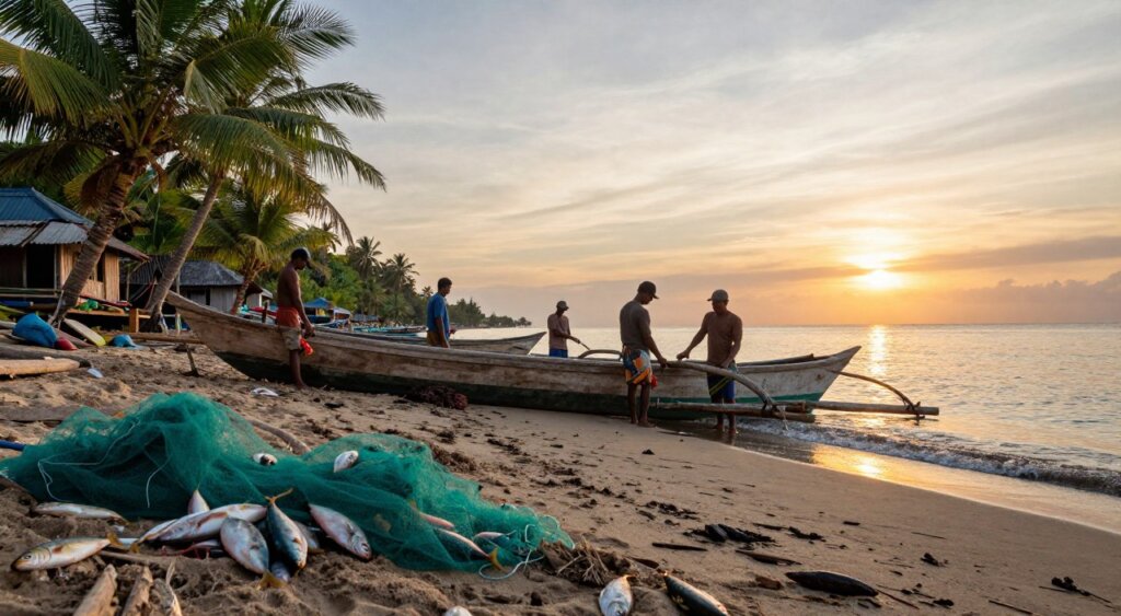 A serene scene capturing the local culture of Kuta as a traditional fishing village, featuring wooden fishing boats on a tranquil shore with fishermen in modest attire preparing their catch. In the foreground, vibrant nets and freshly caught fish are scattered on the sandy beach, while the middle ground showcases the fishermen hauling their boats onto the shore, surrounded by lush palm trees and rustic huts. The background reveals the horizon where the sun sets, casting a warm golden light over the ocean, enhancing the tranquil atmosphere. The image should be taken from a low angle to emphasize the fishermen's activities while maintaining a wider view of the fishing village, evoking a sense of heritage and community in Kuta's rich history. Aim for a natural, documentary style reminiscent of National Geographic photography, capturing the essence of daily life in this culturally significant locale.