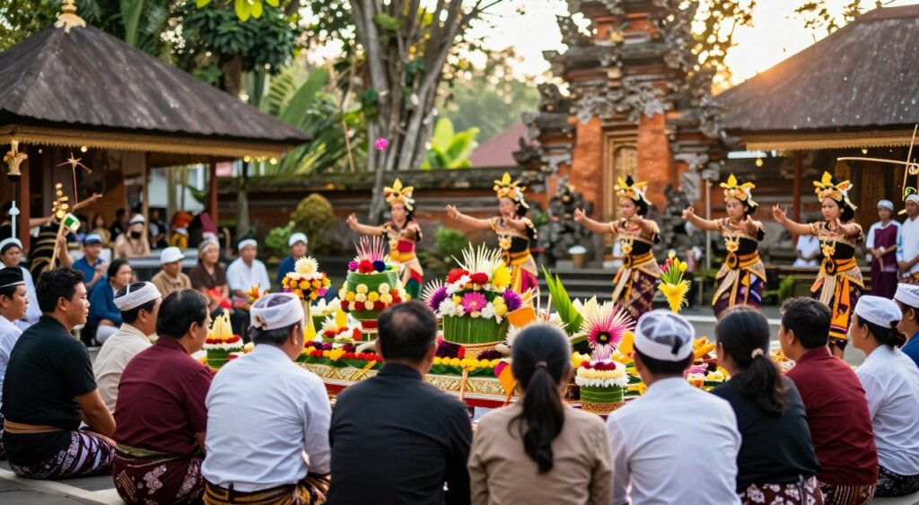 A serene scene capturing visitors respectfully observing the Kuningan Ancestral Spirits Ceremony in Bali. In the foreground, a diverse group of people dressed in modest, culturally appropriate attire, attentively watching the rituals. The middle ground features a vibrant array of ceremonial offerings: intricately woven banana leaves adorned with colorful flowers and incense. Traditional Balinese dancers, in ornate costumes, perform gracefully, exuding a sense of reverence. The background showcases a picturesque temple setting surrounded by lush greenery, with soft sunlight filtering through the trees, creating a warm, inviting glow. The atmosphere is tranquil and respectful, embodying the deep spiritual significance of the ceremony, captured in vibrant colors and detail, reminiscent of a National Geographic photojournalism style, emphasizing the beauty and cultural richness of the moment.
