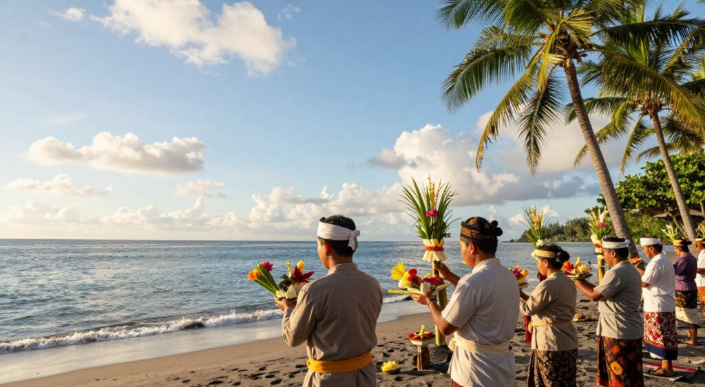 A serene scene depicting a Melasti Purification Ceremony, focusing on environmental sustainability. In the foreground, a group of individuals in modest traditional Balinese clothing, holding vibrant offerings of flowers and bamboo, prepares for the ritual on a pristine beach. The middle ground shows the sparkling ocean gently lapping against the shore, with lush, green palm trees framing the scene. In the background, a clear blue sky is dotted with soft, white clouds, creating an atmosphere of peace and reverence. The soft, golden light of the late afternoon sun casts a warm glow over the gathering, enhancing the vibrant colors of the offerings and the natural beauty surrounding them. Capture this moment at a low angle to emphasize the connection between the people and nature, evoking a sense of harmony and respect for the environment.