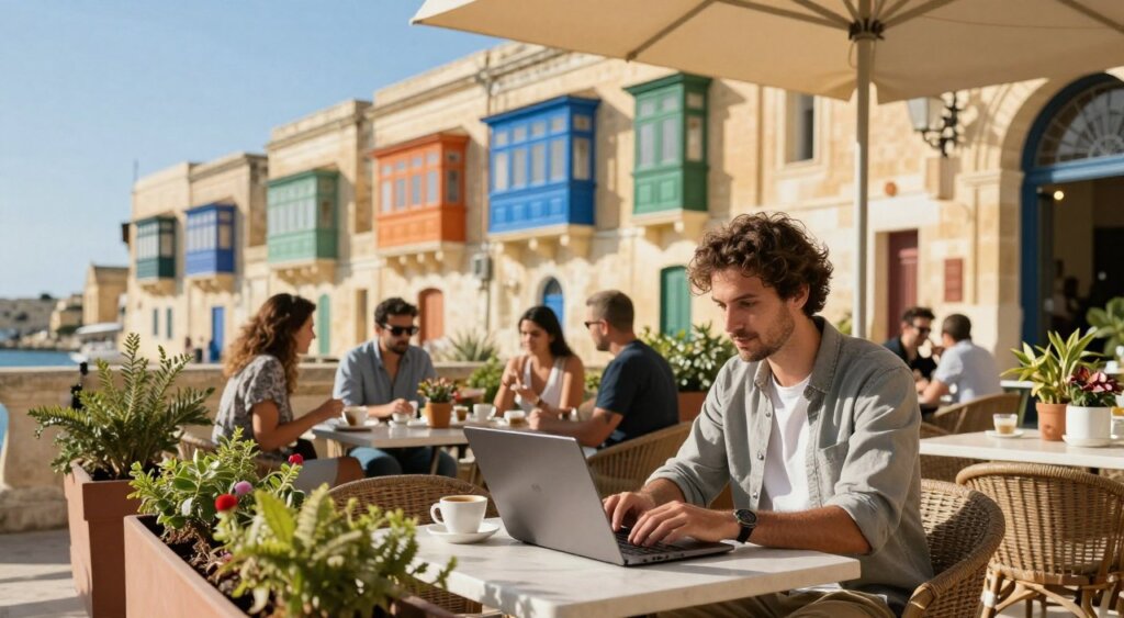 A serene scene depicting a digital nomad working on a laptop at a picturesque outdoor café in Malta. In the foreground, a focused individual dressed in smart casual attire types on their laptop, surrounded by a beautiful array of Mediterranean plants and stylish outdoor seating. The middle ground features the vibrant café atmosphere with a small group of people chatting, enjoying coffee, and soaking in the sun. In the background, the iconic Maltese architecture with bright, colorful balconies and stone buildings stands against a clear blue sky. The warm sunlight casts soft shadows, creating a welcoming and relaxed mood, reminiscent of a productive yet leisure-filled day. The lens captures this scene with a slight depth of field, emphasizing the digital nomad's experience in this beautiful setting.