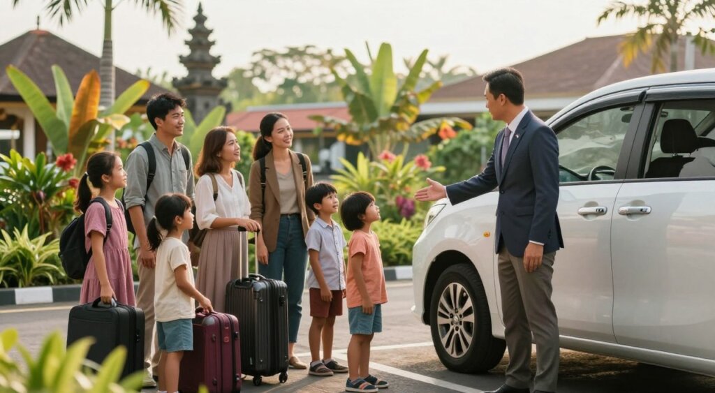 A serene scene depicting a family-friendly airport transfer in Bali, focusing on a well-dressed driver warmly welcoming a family at the arrival terminal. In the foreground, the driver, wearing smart casual attire, stands beside a spacious minivan with the airport's logo. In the middle ground, a family with young children, dressed in comfortable yet modest clothing, gathers their luggage, looking relieved and excited. The background features vibrant tropical plants and a hint of Bali’s iconic architecture, with soft, natural lighting that suggests either early morning or late afternoon. The atmosphere is warm and inviting, evoking a sense of comfort and professionalism in the airport transfer experience.