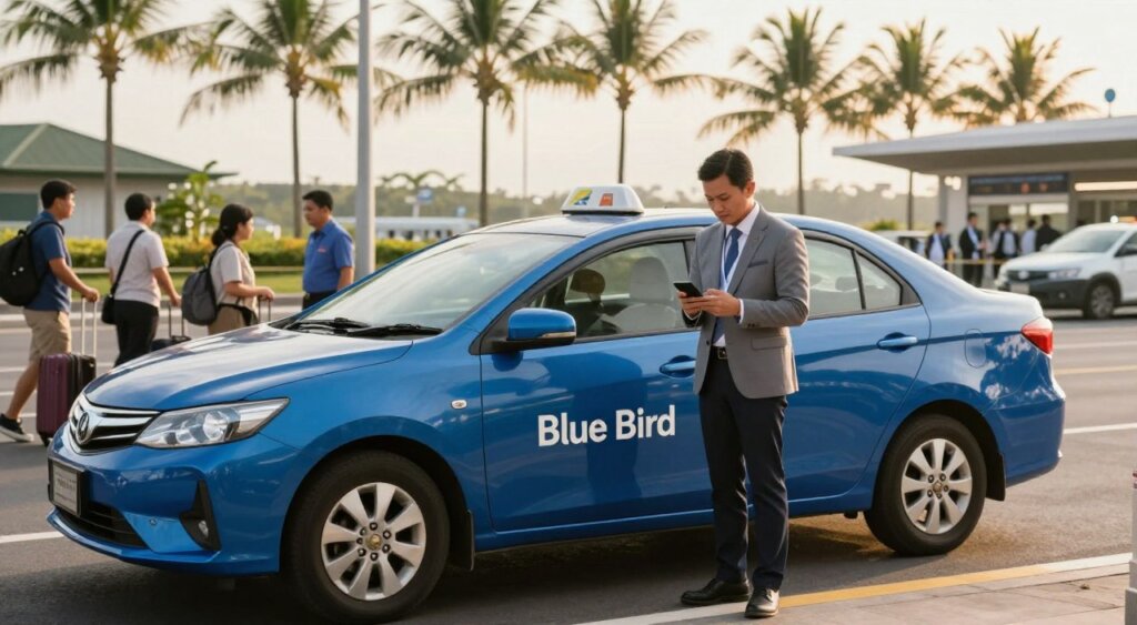 A serene scene depicting a professional taxi transfer setup at Bali Airport, featuring a stylish blue taxi with the "Blue Bird" logo prominently displayed. In the foreground, a well-dressed passenger, wearing smart casual attire, stands beside the taxi, checking information on a smartphone. The middle ground shows the bustling airport terminal, with travelers carrying luggage and a few airport staff directing traffic. In the background, lush tropical palm trees underline the warm Bali atmosphere, bathed in soft golden sunlight. Capture the mood of efficiency and comfort with a slight depth of field, focusing on the passenger and taxi, while the airport fades slightly. Ensure the composition conveys a sense of welcoming professionalism, evoking the essence of smooth travel transitions.