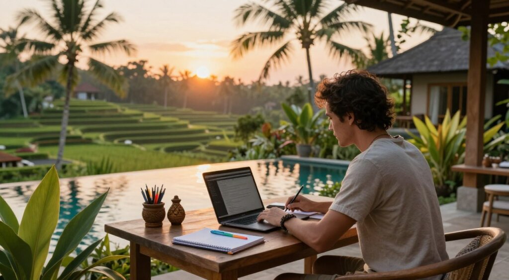 A serene scene depicting a solo traveler efficiently planning a yoga retreat in Bali. In the foreground, a focused individual, dressed in modest casual clothing, sits at a wooden table adorned with a laptop, notebooks, and colorful pens, surrounded by lush tropical plants and traditional Balinese decorations. The middle ground features a picturesque view of a tranquil resort setting, with a swimming pool and palm trees swaying in the gentle breeze. In the background, the sun sets over rice terraces, casting a warm golden light that bathes the entire scene, creating a peaceful and inviting atmosphere. The composition captures the essence of effective retreat logistics with an air of relaxation and inspiration, reminiscent of a National Geographic photojournalism style, utilizing soft, natural lighting and a shallow depth of field to emphasize the subject.