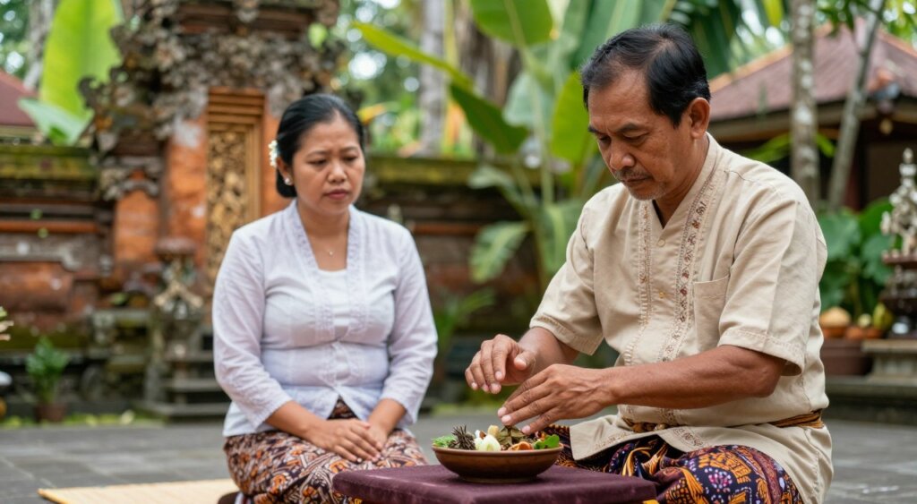 A serene scene depicting a traditional Balinese healer engaged with a local practitioner in a lush, verdant setting. In the foreground, the healer, a middle-aged Balinese man dressed in modest, colorful traditional attire, demonstrates a healing technique, focusing intently on a small bowl of herbal ingredients. The healer's hands are artistically positioned, emphasizing artistry in motion. In the middle ground, an attentive participant, a woman dressed in a light, modest dress, watches closely, her expression reflecting curiosity and respect. The background features a beautifully ornate Balinese temple surrounded by tropical foliage, soft sunlight filtering through the trees, creating a tranquil and welcoming atmosphere. The image should capture the essence of traditional healing practices, with vivid colors and a warm, inviting light that enhances the spiritual aura of the moment.