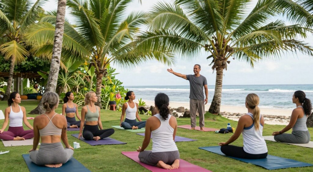 A serene scene depicting a variety of yoga teacher training courses in Bali. In the foreground, a diverse group of dedicated yoga students, dressed in comfortable, modest yoga attire, practice on colorful mats in a lush tropical setting. In the middle ground, an experienced, accredited yoga instructor demonstrates poses, providing guidance with a warm smile. In the background, vibrant green palm trees and a tranquil ocean view add to the picturesque ambiance. Soft, natural lighting filters through the trees, creating a peaceful atmosphere, while a gentle breeze rustles the leaves. The composition conveys a sense of community, growth, and the holistic approach of yoga teacher training in Bali, capturing the essence of transformation and learning. A serene scene depicting a variety of yoga teacher training courses in Bali. In the foreground, a diverse group of dedicated yoga students, dressed in comfortable, modest yoga attire, practice on colorful mats in a lush tropical setting. In the middle ground, an experienced, accredited yoga instructor demonstrates poses, providing guidance with a warm smile. In the background, vibrant green palm trees and a tranquil ocean view add to the picturesque ambiance. Soft, natural lighting filters through the trees, creating a peaceful atmosphere, while a gentle breeze rustles the leaves. The composition conveys a sense of community, growth, and the holistic approach of yoga teacher training in Bali, capturing the essence of transformation and learning.