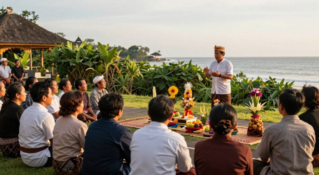 A serene scene depicting the Melasti Ceremony, emphasizing visitor guidelines for respectful observation. In the foreground, a diverse group of people dressed in modest, casual clothing attentively listens to a local leader explaining the customs. They exhibit a sense of reverence and curiosity. In the middle ground, colorful traditional offerings, such as flowers and fruits, are arranged on a beautifully woven cloth, symbolizing purity. The background features a picturesque Balinese landscape with lush greenery and a tranquil ocean view, under soft golden sunlight, casting a warm glow. The image should convey a solemn yet peaceful atmosphere, representing the spiritual significance of the ceremony, while maintaining a documentary-style quality reminiscent of National Geographic photography.