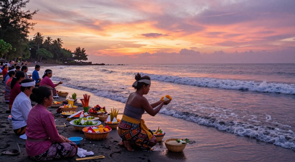 A serene scene depicting the Melasti Purification Ceremony, showcasing a diverse group of individuals dressed in traditional Balinese attire, gathered at the shoreline during sunset. In the foreground, a central figure gracefully offers flowers and rice to the ocean, symbolizing purification and renewal. The middle ground reveals a colorful array of offerings on woven baskets, artfully arranged near the water's edge. In the background, gentle waves lap against the shore, with lush tropical scenery and a vibrant sky filled with hues of orange, pink, and purple, evoking a spiritual atmosphere. Soft natural lighting enhances the tranquil mood, and the composition is captured with a wide-angle lens to showcase the connection between the participants and the sacred environment, reflecting the essence of spirituality and purification.