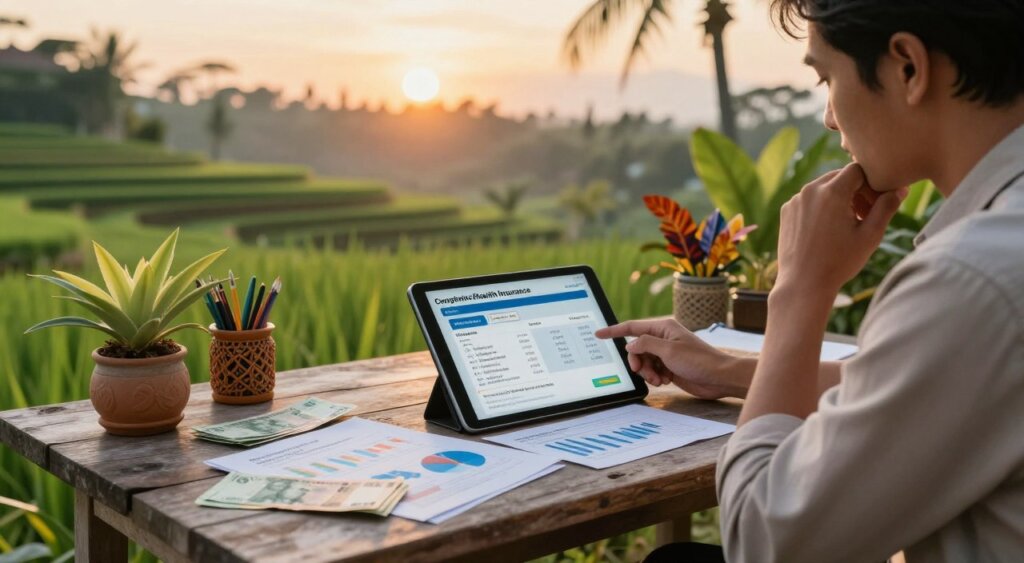 A serene scene depicting the cost factors of comprehensive health insurance for long-term residents in Bali. In the foreground, a thoughtful professional in modest business attire, reviewing a tablet displaying insurance details. In the middle ground, a rustic wooden table filled with charts, graphs, and currency notes indicative of healthcare costs, surrounded by tropical plants and colorful Balinese decor. The background features a tranquil Bali landscape with lush rice terraces and a soft, golden sunset, creating a warm ambiance. The lighting is soft and natural, capturing the essence of a calm, reflective atmosphere. The angle is slightly elevated, providing a comprehensive view of the setup while emphasizing the professional's engagement in the financial aspects of healthcare insurance.
