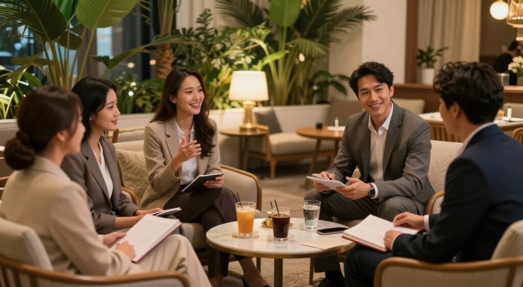 A serene scene depicting the essence of customer reviews and testimonials for The Bene Kuta, featuring a cozy, inviting guest lounge filled with elegant furniture and lush tropical plants in the background. In the foreground, a diverse group of four guests, dressed in professional business attire, animatedly discussing their experiences, with warm smiles and engaged body language. The soft, ambient lighting casts a welcoming glow, enhancing the inviting atmosphere. The middle ground showcases a beautifully arranged coffee table with a selection of beverages and open notebooks, suggesting thoughtful reflections. Capture this image at eye level with a standard lens to convey an intimate, relatable perspective, evoking feelings of comfort and satisfaction in a tranquil setting.