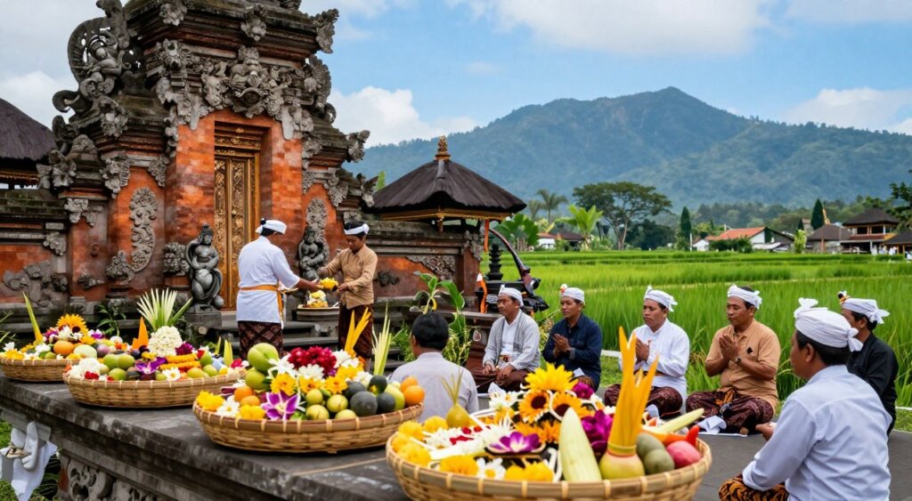 A serene scene depicting the historical context of Balinese rituals, featuring a traditional Balinese temple adorned with intricate stone carvings and vibrant offerings made of flowers and fruit, placed on woven bamboo trays in the foreground. In the middle, local Balinese people dressed in modest traditional attire, engaged in spiritual activities, such as prayer and guidance from a respected elder. The background showcases lush green rice terraces under a clear blue sky, with distant mountains creating a tranquil atmosphere. Soft, diffused natural light illuminates the setting, highlighting the vibrant colors of the offerings and the reverent expressions of the participants. The composition captures a sense of harmony and spirituality, reflecting the deep cultural significance of these rituals in Balinese heritage.