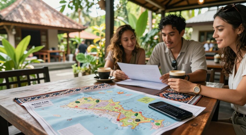 A serene scene depicting the planning of a visit to Bali Bagus Cafe, set in a cozy outdoor café surrounded by tropical flora. In the foreground, a wooden table adorned with a beautifully arranged map of Bali and a smartphone showing the café's hours on a casual bohemian-style cloth. The middle ground features a couple of travelers, dressed in modest casual clothing, excitedly discussing their plans while sipping coffee, their expressions joyful and engaged. The background reveals lush greenery and traditional Balinese architecture, with soft dappled sunlight filtering through the leaves, creating a warm, inviting atmosphere. The perspective should be a slightly elevated angle, capturing both the intimacy of the planning moment and the beauty of the café’s tropical surroundings, evoking a sense of adventure and relaxation.