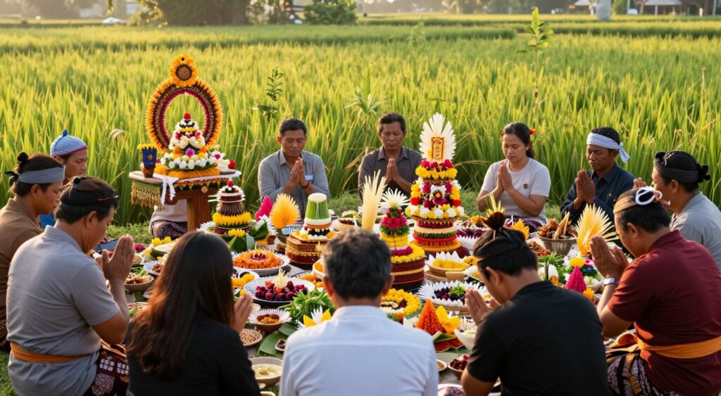 A serene scene depicting the preparatory rituals before Balinese celebrations, emphasizing the intricate beauty of traditional culture. In the foreground, a group of modestly dressed individuals, adorned with delicate offerings, engages in a prayer ceremony with their hands in a gesture of reverence. In the middle, colorful intricate decorations, such as vibrant flower arrangements and ornate canang sari (offerings), create a rich tapestry of colors. The background reveals lush green rice paddies under a soft golden morning light, enhancing the serene atmosphere. The photo is taken with a wide-angle lens to capture the depth of the scene, and the lighting is natural, evoking a peaceful and spiritual mood, reminiscent of National Geographic photojournalism.