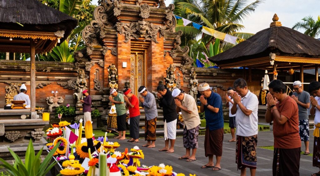 A serene scene depicting the respectful etiquette rules of a Balinese temple, featuring a well-maintained temple structure with intricate carvings and vibrant offerings in the foreground. In the middle ground, depict a diverse group of individuals in modest, casual clothing, observed performing respectful gestures like bowing or holding their hands in a prayerful position while standing on a stone pathway leading to the entrance. The background should showcase lush tropical greenery and other temple features, such as sacred statues and prayer flags gently swaying in the breeze. The overall lighting should be warm and inviting, reminiscent of golden hour, creating an atmosphere of tranquility and reverence, capturing the essence of Bali's spiritual culture with a National Geographic photojournalism style.