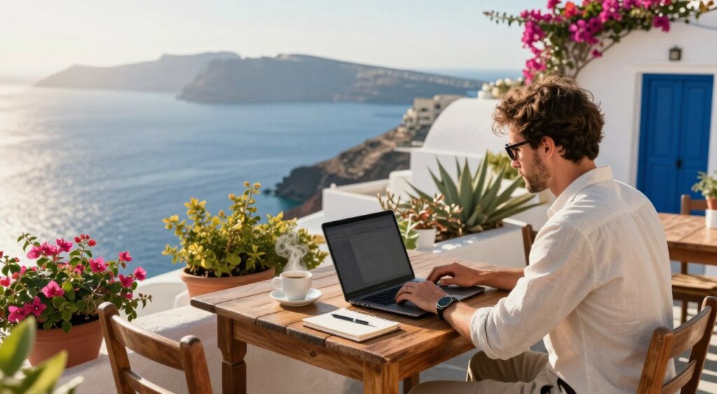 A serene scene of a digital nomad working on a laptop at a sunlit terrace overlooking the vibrant blue Aegean Sea in Greece. In the foreground, a casually dressed professional in light clothing sits comfortably at a rustic wooden table, focused on the screen. A steaming cup of coffee rests beside the laptop, while a notebook and pen are scattered on the table. In the middle ground, lush potted plants and colorful bougainvillea frame the scene, adding a splash of greenery. The background features traditional white-washed buildings with blue doors, and the distant silhouette of a coastal cliff. The golden sunlight bathes the environment, creating a warm and inviting atmosphere, evoking a sense of freedom and productivity. The image captures the essence of modern work-life balance in a beautiful, scenic setting.