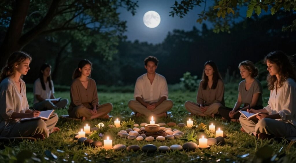 A serene scene of a diverse group of individuals, dressed in modest casual clothing, engaging in reflective practices after a full moon ritual, set in a tranquil outdoor environment. In the foreground, a circular arrangement of natural elements like smooth stones, candles, and herbs, symbolizing spiritual cleansing. The middle ground features the participants seated on soft grass, some closing their eyes in meditation, while others are journaling or discussing insights, all bathed in gentle moonlight. The background shows a softly illuminated forest, with the moon casting a silver glow through the trees. Capture the atmosphere of peace and introspection, using a soft focus lens to enhance the dreamlike quality, with warm, inviting lighting that evokes a sense of community and wellness. A serene scene of a diverse group of individuals, dressed in modest casual clothing, engaging in reflective practices after a full moon ritual, set in a tranquil outdoor environment. In the foreground, a circular arrangement of natural elements like smooth stones, candles, and herbs, symbolizing spiritual cleansing. The middle ground features the participants seated on soft grass, some closing their eyes in meditation, while others are journaling or discussing insights, all bathed in gentle moonlight. The background shows a softly illuminated forest, with the moon casting a silver glow through the trees. Capture the atmosphere of peace and introspection, using a soft focus lens to enhance the dreamlike quality, with warm, inviting lighting that evokes a sense of community and wellness.