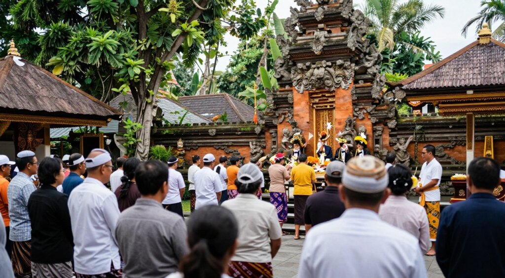 A serene scene of respectful observation at a Balinese temple during the Pagerwesi Spiritual Protection Ceremony. In the foreground, a group of diverse individuals dressed in modest, respectful clothing, attentively observing the ceremony, showcasing wonder and reverence. In the middle, a beautifully adorned Balinese temple with intricate stone carvings, vibrant offerings, and colorful ceremonial attire worn by local worshippers, engaged in rituals. In the background, lush greenery characteristic of Bali, with soft, diffused sunlight filtering through tree leaves, creating a tranquil atmosphere. Capture this scene using a wide-angle lens, emphasizing depth and richness. The overall mood should evoke a sense of peace, spirituality, and cultural appreciation in a natural, documentary-style setting.
