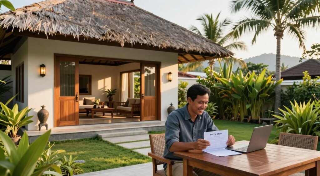 A serene scene showcasing a modern Balinese home, reflecting local architectural style with thatched roofs and tropical gardens. In the foreground, a smiling tenant in professional casual attire reviews a rental agreement while sitting at a wooden table on a patio surrounded by vibrant greenery. The middle layer features a partially open door leading into a spacious, sunlit living area with traditional Balinese decor. In the background, lush palm trees and distant mountains create a tranquil atmosphere. The warm golden light of late afternoon enhances the inviting ambiance. Capture this moment from a slightly elevated angle, evoking a sense of openness and optimism about tenant rights and responsibilities. Aim for a photojournalistic style reminiscent of high-quality National Geographic imagery.