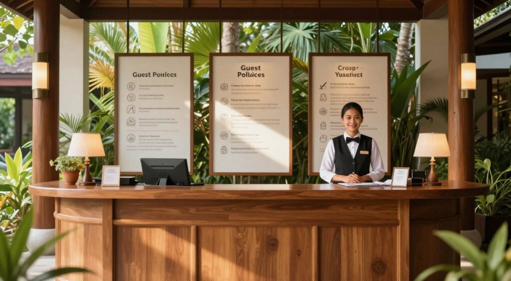 A serene scene showcasing the guest policies of Amnaya Resort in Kuta, featuring a welcoming lobby area. In the foreground, a polished wooden reception desk staffed by a friendly concierge in professional attire, ready to assist guests. The middle ground reveals elegantly designed informational displays about guest policies, with icons symbolizing check-in/check-out times, pet policies, and amenities. Soft, natural lighting pours in through large windows, creating a warm atmosphere. Lush tropical plants frame the background, giving a sense of tranquility and luxury. The overall mood is inviting and professional, capturing the essence of exceptional hospitality at the resort. The composition emphasizes clarity and a welcoming vibe, suitable for a high-quality article illustration.