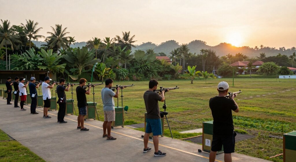 A serene shooting range in Bali during golden hour, showcasing first-time shooters engaging with professional instructors. In the foreground, a diverse group of individuals in modest casual attire, focused on their targets while receiving guidance on proper stance and grip. The middle ground features neatly arranged shooting stations equipped with rifles and safety gear, surrounded by lush tropical vegetation and distant rolling hills. The background illustrates a stunning Balinese landscape, with a soft sunset casting warm light across the scene, creating a welcoming and encouraging atmosphere. Capture this moment from a slightly elevated angle to emphasize the environment and the camaraderie among shooters, ensuring the image conveys a sense of adventure and safety in a picturesque setting.