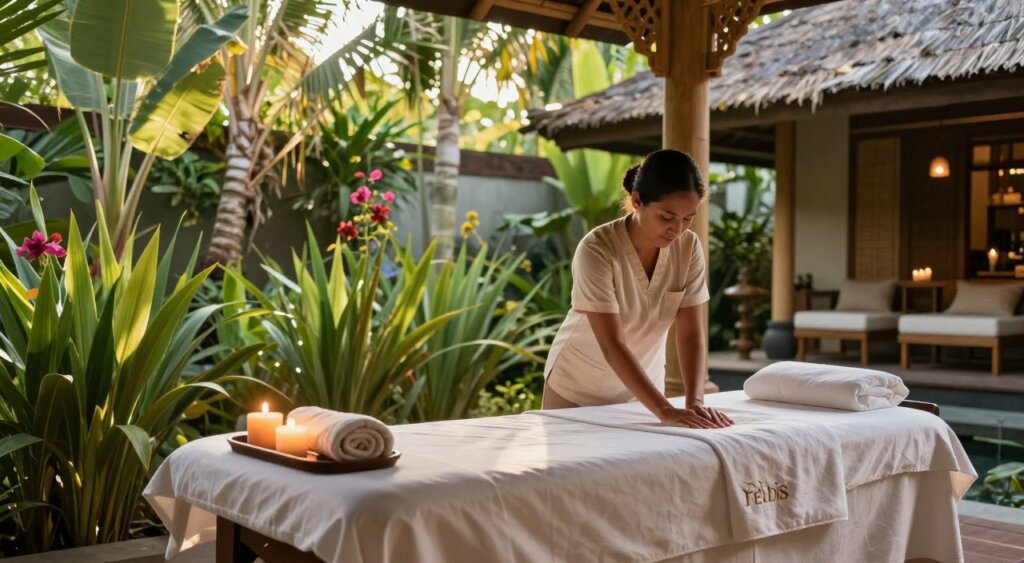 A serene spa and wellness scene at Febris Hotel in Kuta, Bali, showcasing an inviting treatment area surrounded by lush tropical vegetation. In the foreground, a tranquil massage table adorned with soft white linens and aromatic candles emits a soothing glow. The middle ground features a skilled therapist, a woman in modest, professional attire, performing a relaxing massage with gentle, flowing motions. In the background, bamboo structures and flowering plants enhance the natural ambiance under warm, diffused sunlight filtering through the leaves. Capture this moment with a wide-angle lens for a sense of space and openness, creating an atmosphere of peace, relaxation, and rejuvenation, reflecting the essence of wellness.