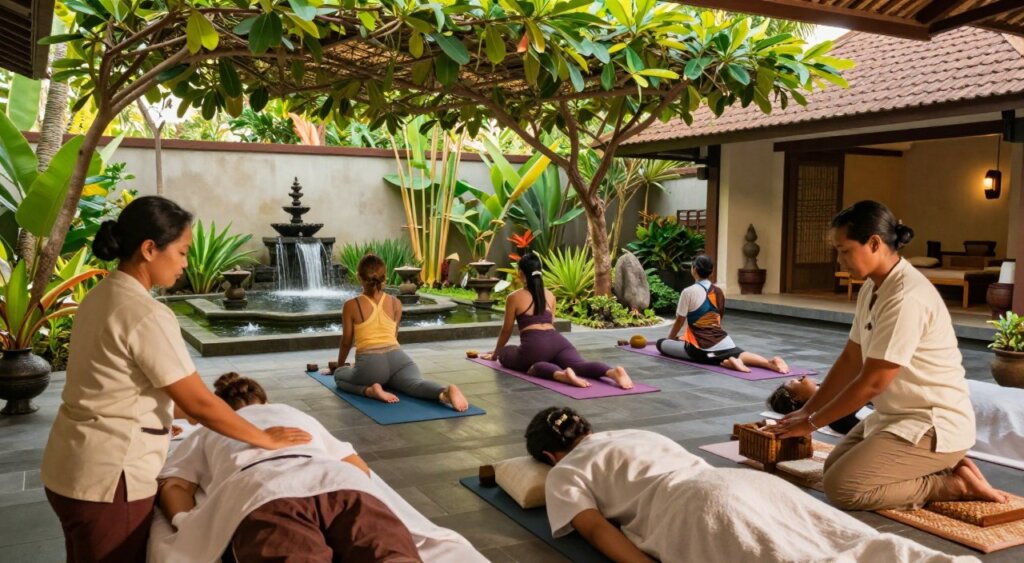 A serene spa retreat at Febris Kuta Bali, showcasing diverse activities for guests. In the foreground, a tranquil massage area with two professional therapists performing relaxation techniques on clients, dressed in modest, professional attire. The middle ground features a yoga session under a lush green canopy, with guests in comfortable activewear engaging in gentle stretches. In the background, a peaceful garden with tropical plants, bamboo fountains, and a soft water feature creates a calming atmosphere. The scene is bathed in warm, natural lighting, capturing a sense of tranquility and wellness. Shot with a wide-angle lens to encompass the beauty of this peaceful haven, exuding a sense of harmony and rejuvenation as guests enjoy their spa experience.