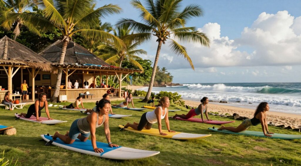 A serene surf yoga retreat in Bali, featuring a lush tropical setting. In the foreground, a diverse group of individuals in modest, colorful athletic wear practice yoga on vibrant surfboards, engaged in various poses. The middle ground showcases a cozy outdoor communal area with bamboo structures, surrounded by palm trees, inviting spaces for relaxation and cultural exchange. In the background, roaring waves crash against a sun-kissed shoreline under a brilliant blue sky with fluffy white clouds. The scene is illuminated by warm, golden sunlight, creating a peaceful and invigorating atmosphere. Capture it from a low angle to emphasize the surfers and yoga practitioners against the backdrop of nature, evoking a sense of harmony between surf culture and wellness.