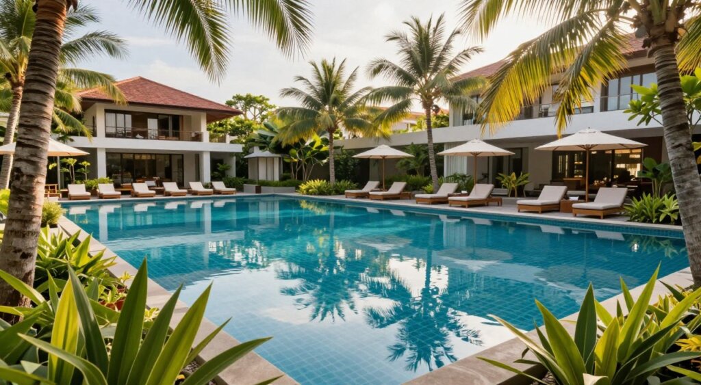 A serene swimming pool at Harris Hotel Kuta Galleria Bali, featuring crystal-clear water reflecting the vibrant tropical surroundings. In the foreground, lush tropical plants and palm trees frame the pool area, setting a tranquil mood. The middle ground showcases the inviting swimming pool with modern loungers arranged neatly around it, creating a welcoming space for relaxation. In the background, the hotel's architectural design is visible, with contemporary aesthetics that blend seamlessly into the landscape. The scene is bathed in warm, soft sunlight, creating a bright and cheerful atmosphere ideal for leisure. The angle captures the swimming pool from a slight elevation, adding depth to the image while showcasing the inviting amenities of the hotel.