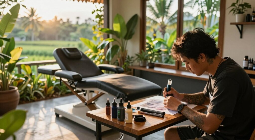 A serene tattoo studio in Bali, showcasing a cozy, tropical atmosphere. In the foreground, a tattoo artist in professional attire is preparing their tools on a wooden table, meticulously arranging ink bottles and equipment. The middle ground features a clean, well-lit tattoo station, with a comfortable tattoo chair facing the artist, surrounded by lush indoor plants that add a vibrant touch. In the background, large windows reveal a stunning view of Bali's green landscapes and a soft, golden sunlight streaming in, casting warm shadows. The mood is calm and focused, capturing the anticipation of a tattoo session. The image is shot from a slightly elevated angle, emphasizing the preparations while maintaining clarity and detail throughout, resembling a high-quality photojournalism style.