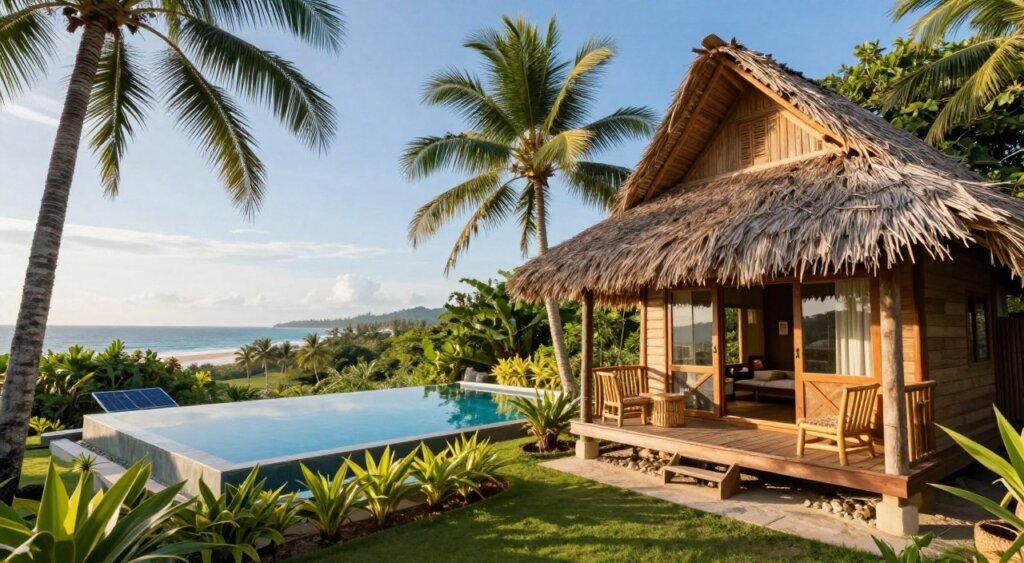 A serene tropical accommodation nestled amidst lush greenery, showcasing sustainable architecture. In the foreground, a charming wooden bungalow with a thatched roof, large windows, and a welcoming porch with sustainable bamboo furniture. In the middle ground, a tranquil infinity pool reflecting the clear blue sky, surrounded by native plants and solar panels. The background features towering palm trees and a distant view of a pristine beach. The scene is bathed in warm, golden sunlight, creating a peaceful atmosphere that invites relaxation. Capture the image with a wide-angle lens from a slightly elevated angle, highlighting the harmony between the accommodation and its natural surroundings, emphasizing eco-friendly elements and tranquility.