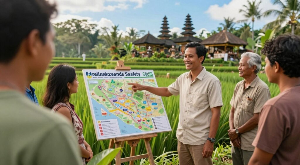 A serene tropical scene in Bali showcasing a healthcare and safety guide, featuring a professional individual in modest casual attire, standing confidently beside a detailed map of Bali highlighting key medical facilities and safety tips. The foreground includes lush green tropical foliage, while the middle features the individual pointing at the map, engaging with a diverse group of people in respectful, casual clothing, emphasizing community and wellness. In the background, there are iconic Balinese landscapes, such as rice terraces and traditional temples under a bright, clear blue sky, conveying a sense of safety and tranquility. The lighting is warm and inviting, evoking a sense of hope and professionalism, captured with a slightly elevated angle for a comprehensive view, reminiscent of National Geographic's photojournalism style.