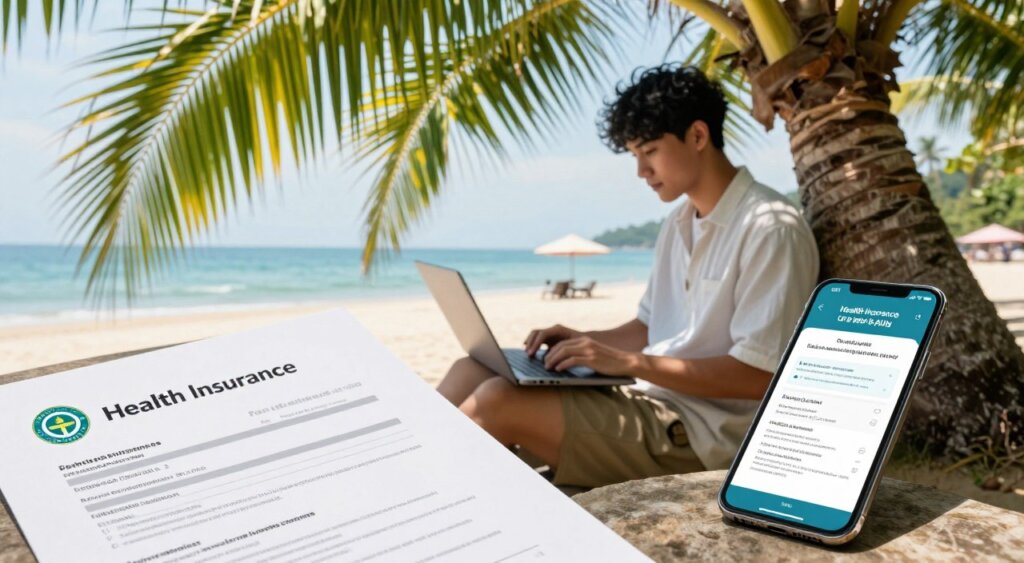 A serene tropical setting in Thailand featuring a digital nomad working on a laptop under a palm tree, dressed in smart casual attire. In the foreground, a close-up of health insurance documents and a smartphone displaying the health insurance policy. In the middle ground, the digital nomad is focused on their work, with soft sunlight filtering through the leaves, creating a relaxed and productive atmosphere. The background showcases a calm beach and azure ocean, with a few beach umbrellas enhancing the scene. Use natural lighting to highlight the vibrant colors of the environment, capturing the essence of life as a digital nomad in Thailand while emphasizing the importance of health insurance requirements.