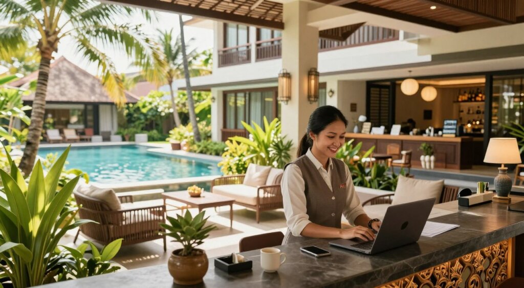 A serene view of Febris Hotel Kuta in Bali, capturing the essence of its inviting atmosphere for potential guests. In the foreground, a friendly hotel receptionist in smart casual attire, smiling and engaged with a laptop, showcasing the booking process. The middle ground features the hotel's vibrant lobby, with lush tropical plants and modern décor that reflect Balinese culture. In the background, large windows reveal glimpses of the sunny outdoor pool area, framed by palm trees. The scene is bathed in warm, natural lighting, creating a welcoming and relaxing mood. The angle should be slightly elevated, enhancing the spaciousness of the lobby, inviting viewers to imagine themselves making a reservation in this beautiful tropical setting.