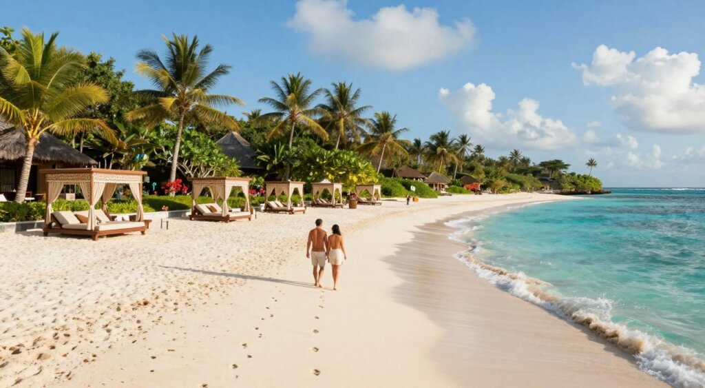 A serene view of Nusa Dua's luxurious beach in Bali, showcasing pristine white sands and crystal-clear turquoise waters. In the foreground, a couple in modest beach attire strolls along the shoreline, their footprints trailing behind them. The middle ground features ornate beach cabanas with plush loungers, surrounded by lush tropical greenery and vibrant flowers, inviting relaxation and leisure. In the background, gentle waves lap at the shore under a bright blue sky dotted with fluffy white clouds. The scene is illuminated by warm, golden sunlight, creating a tranquil and inviting atmosphere. Shot with a wide-angle lens to capture the expansive beauty of the area, evoking feelings of luxury and relaxation.