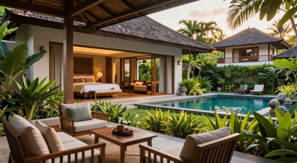 A serene view of Zia Kuta Bali accommodations, featuring elegantly designed rooms with modern Balinese decor. In the foreground, a cozy patio with wooden furniture overlooks a lush garden filled with tropical greenery. The middle ground showcases a spacious, well-lit room with large windows, allowing natural sunlight to pour in, highlighting the soft furnishings and subtle color palette. The background reveals the hotel pool shimmering under golden hour lighting, creating a warm, inviting atmosphere. Capture the scene with a wide-angle lens to emphasize the peaceful surroundings. The mood should be tranquil, reflecting relaxation and luxury, ideal for a getaway in Bali, with no human subjects present to maintain focus on the accommodations.