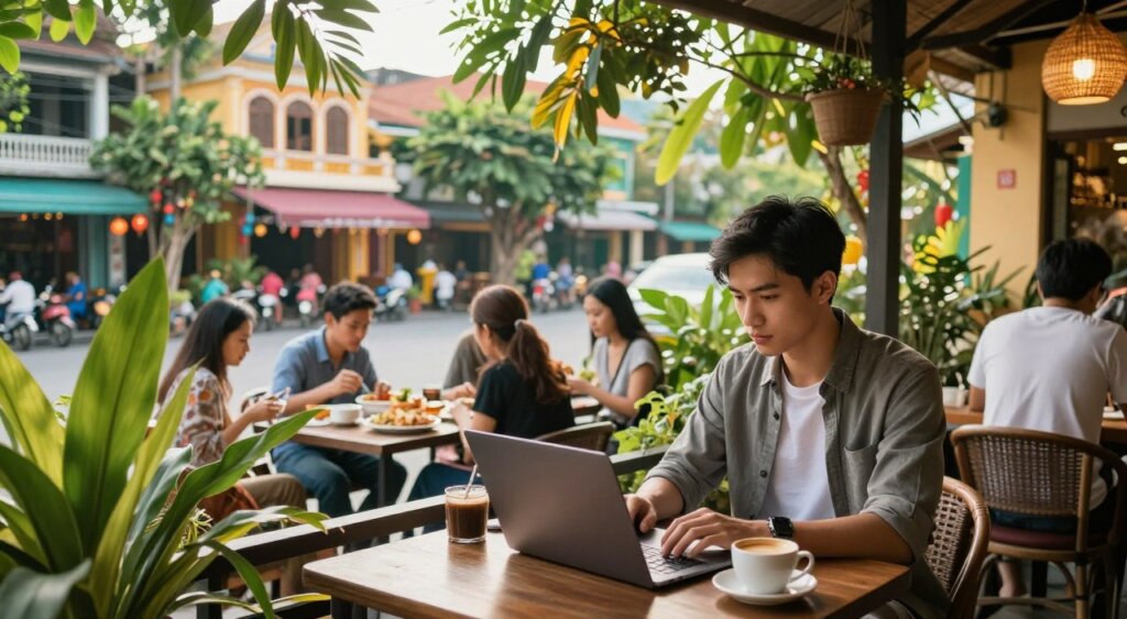 A serene view of a digital nomad working in a café in Vietnam, surrounded by tropical foliage and colorful street life. The foreground features a young professional in smart casual attire, focused on a laptop with a coffee cup beside them. In the middle, a vibrant café scene with locals and tourists enjoying food and conversations, blending cultures. The background showcases iconic Vietnamese architecture and lush greenery, under soft, warm sunlight creating a welcoming atmosphere. Capture this moment with a wide-angle lens to emphasize the connectivity of work and leisure in a beautiful, bustling environment. The mood should be inspiring and relaxed, highlighting the benefits of the digital nomad lifestyle in Vietnam.
