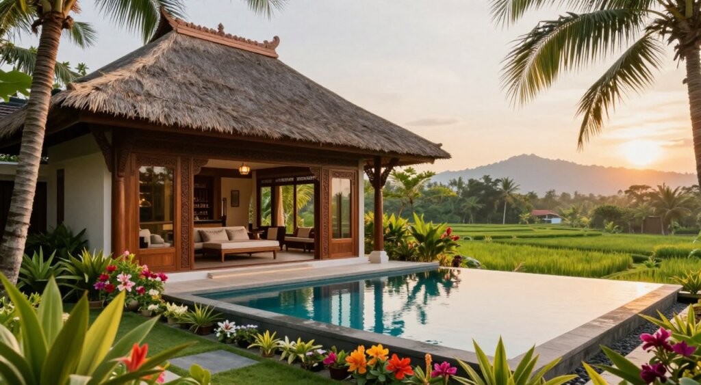 A serene view of a luxurious Bali family villa, showcasing traditional Balinese architecture with intricate wooden carvings and thatched roof. In the foreground, lush tropical gardens with vibrant flowers and palm trees surround a sparkling infinity pool. The middle ground features a spacious villa with large windows open to the fresh air, inviting natural light into the elegantly furnished living area. In the background, the picturesque landscape of rice paddies and distant mountains is bathed in the soft, golden light of sunset, creating a tranquil and inviting atmosphere. Photographed with a wide-angle lens, capturing depth and detail, embodying a peaceful family retreat in Bali, ideal for relaxation and bonding.