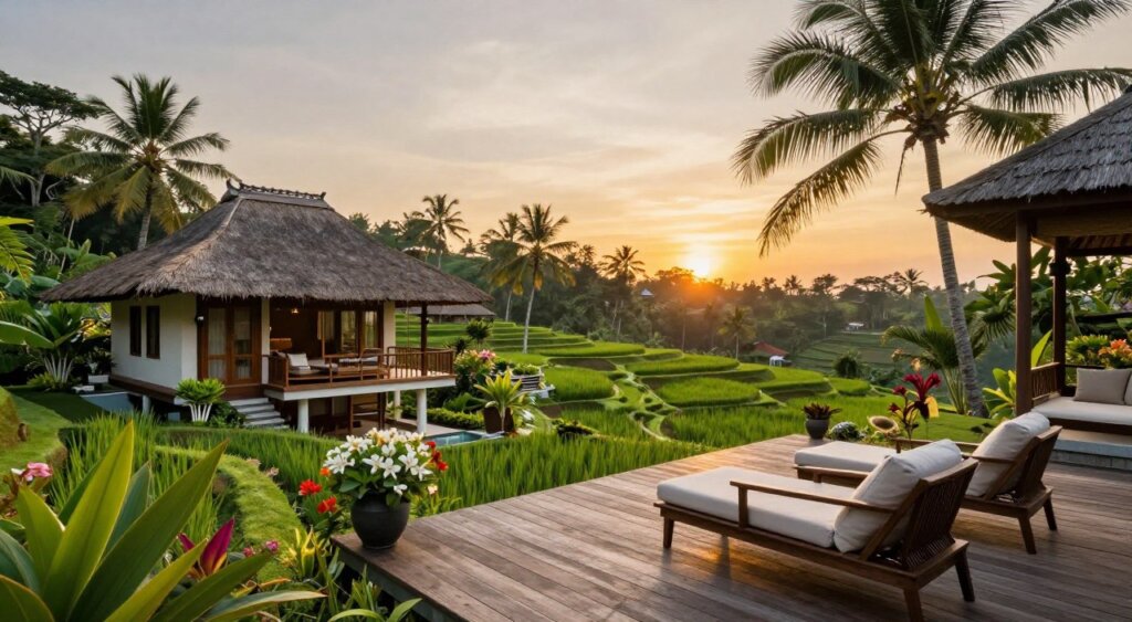 A serene view of a luxurious Bali villa accommodation nestled in lush greenery. In the foreground, showcase a beautifully designed wooden deck with elegant outdoor seating, inviting guests to relax. The middle ground features the villa itself, boasting traditional Balinese architecture with thatched roofs and open-air spaces, surrounded by tropical flowers and tall palm trees. In the background, depict a stunning sunset over the rice terraces, casting a warm golden glow over the scene. The lighting is soft and inviting, enhancing the peaceful ambiance of the setting. Capture this scene using a wide-angle lens to emphasize the expansive nature of the landscape. The mood is tranquil and idyllic, ideal for relaxation and retreat. The image should be detailed, realistic, and evoke a sense of luxury and harmony with nature.