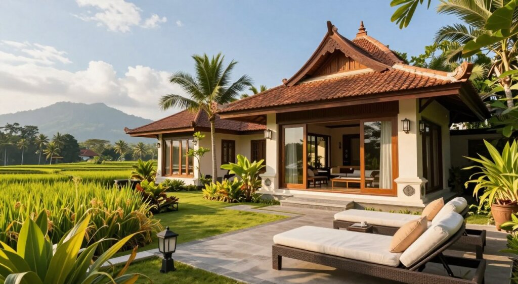 A serene view of a luxurious villa designed for long-term rentals in Bali, surrounded by lush tropical gardens and vibrant greenery. In the foreground, showcase a spacious veranda adorned with comfortable lounge furniture, perfect for relaxation. The middle ground features the elegantly designed villa, exhibiting traditional Balinese architecture with wooden accents and large glass windows that invite natural light. In the background, depict the stunning rice paddies and distant mountains under a bright, blue sky. The scene is bathed in warm, golden sunlight, creating an inviting and tranquil atmosphere. Capture the image from a slightly elevated angle to emphasize the property’s grandeur and its immersive natural surroundings, ensuring a professional photojournalistic quality reminiscent of National Geographic.