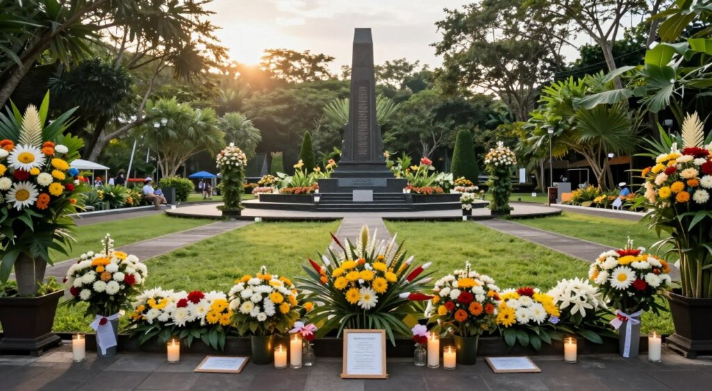 A serene view of the Bali Bombing Memorial Park, framed in the foreground with carefully arranged flowers and candles in remembrance of the victims. In the middle ground, the memorial structure stands with its somber yet respectful design, surrounded by lush greenery and well-maintained pathways, suggesting a place of reflection and safety. In the background, soft sunlight filters through the trees, creating a warm, inviting atmosphere. The scene is captured in a professional photojournalism style, utilizing a wide-angle lens to encompass both the memorial and surrounding nature, enhancing the sense of tranquility. The overall mood conveys respect, safety, and peace, highlighting the importance of honoring those lost while ensuring a secure space for visitors.