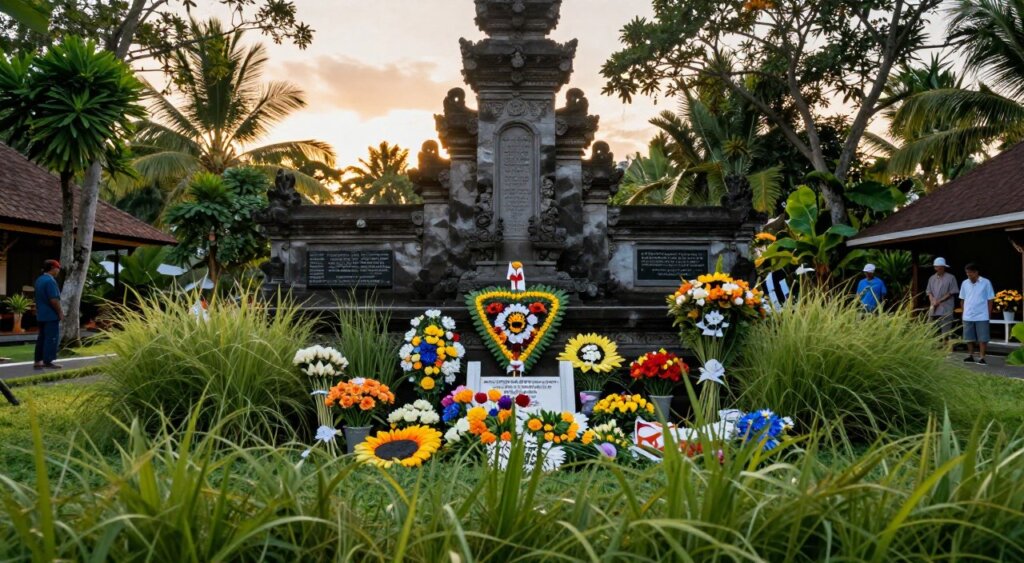 A serene view of the Bali Bombing Memorial, capturing its somber significance. In the foreground, gently swaying grass surrounds a heartfelt arrangement of colorful flowers laid at the memorial. The middle layer features the memorial's elegant stone structure, with intricate carvings and plaques honoring the victims, bathed in soft, golden light from a setting sun. In the background, lush tropical trees frame the scene, their leaves catching the warm light, while a few distant visitors, dressed in modest casual clothing, reflect quietly, fostering an atmosphere of reverence and remembrance. The image is shot from a low angle to emphasize the memorial’s stature, evoking a sense of peace and contemplation, with a focus on natural colors and textures for a National Geographic quality.