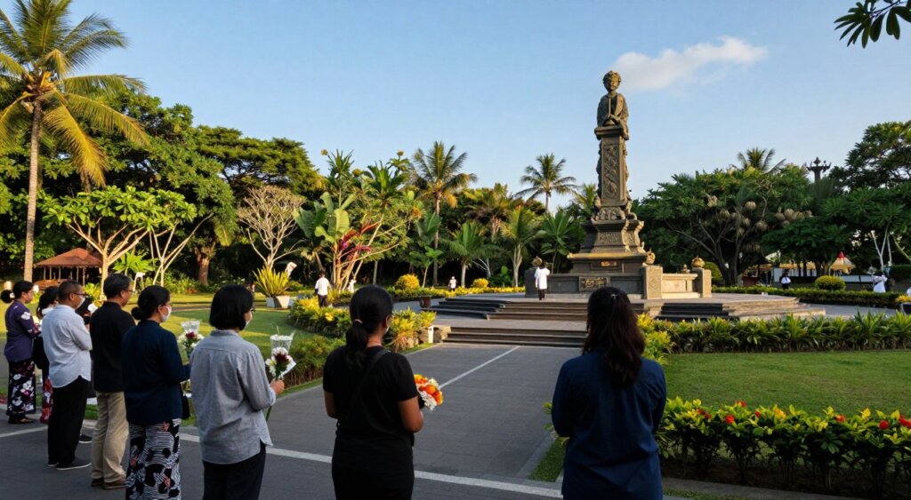 A serene view of the Bali bombing monument memorial site, featuring a prominent, intricately designed statue symbolizing peace and remembrance. In the foreground, visitors dressed in modest casual clothing pay their respects, some with flowers in hand. The middle ground showcases the lush green surroundings and well-maintained pathways leading to the monument, with subtle lighting illuminating the area, suggesting a late afternoon sun casting warm tones. In the background, tropical trees enhance the tranquil atmosphere, framed by a clear blue sky. Capture this scene from a slightly elevated angle to provide depth, focusing on the emotional connection between the visitors and the memorial, embodying a mood of reflection and honor.