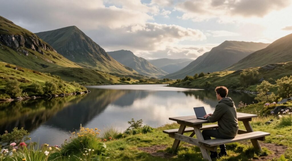A serene view of the Scottish Highlands, showcasing rolling green hills, rugged mountains, and a dramatic sky, bathed in soft, golden sunlight. In the foreground, a digital nomad, a young professional wearing smart casual clothing, is seated at a wooden picnic table with a laptop open, surrounded by nature. The middle ground features a tranquil loch reflecting the majestic peaks, dotted with patches of wildflowers. In the background, the iconic outline of mountains looms under a partly cloudy sky, creating a sense of adventure and tranquility. The atmosphere is calm and inspiring, capturing the essence of remote work amidst breathtaking landscapes, reminiscent of a National Geographic photograph.